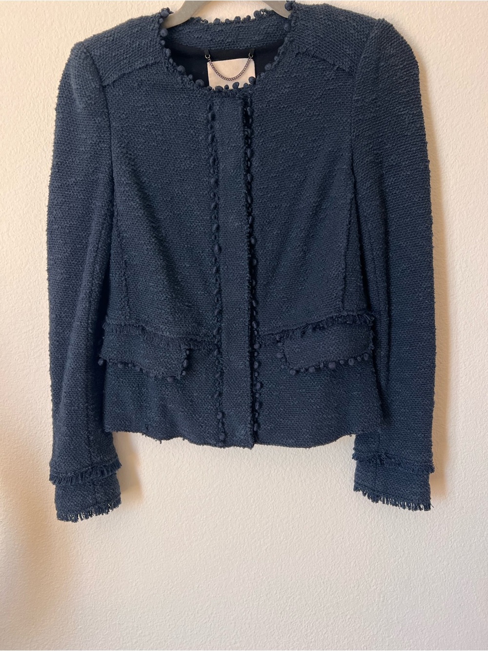 Rebecca Taylor Navy Bouclé Fringe Trim Jacket 2